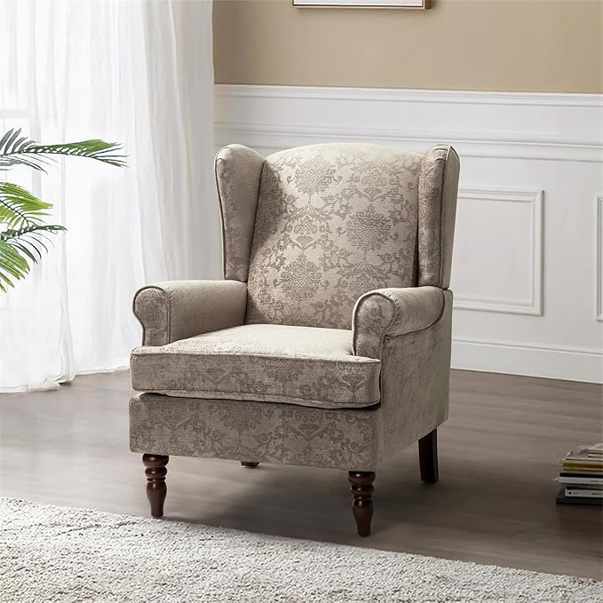 HULALA HOME Wingback Accent Chair with Retro Wood Legs Traditional Fabric Armchair for Living Room Bedroom Comfy Upholstered Single Sofa Chair Reading Chair with Unique Pattern Design Brocade
