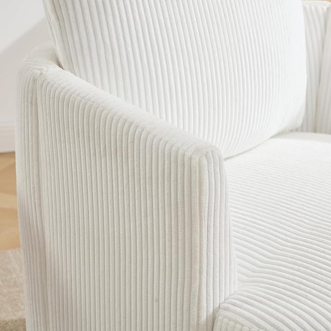 360° Swivel Accent Armchair Chair White Swivel Round Barrel Chair with 2 Pillows Upholstered Corduroy Accent Chairs for Living Room Bedroom Reading