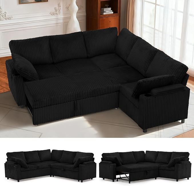 85 Corduroy Reversible Sectional Sofa w/Pull Out Bed Upholstery L Shaped Couch w/Storage Armrests &amp Cup Holders Modern Corner Sofa w/USB Charging Port &amp Throw Pillow for Living Room Black