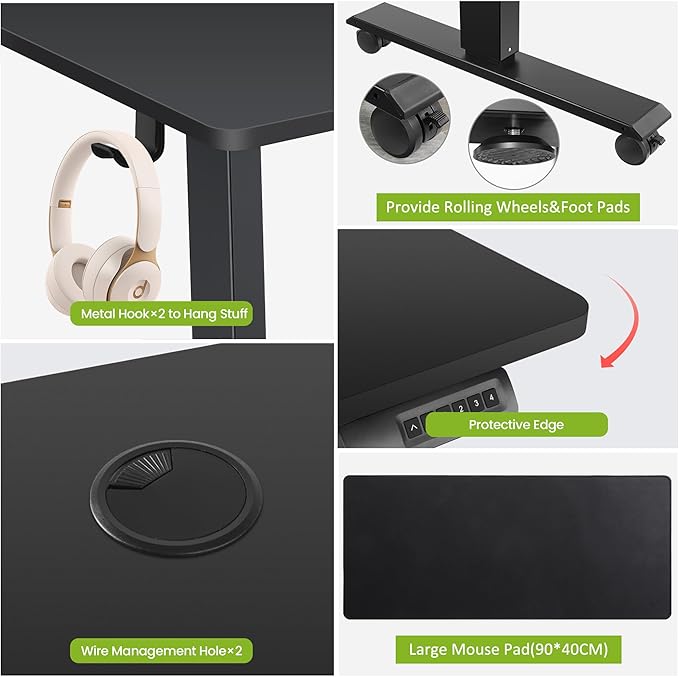 farexon Electric Standing Desk Adjustable Height 55 x 24 Inch Stand up Desk with Large Mouse Pad Rolling Wheels &amp Foot Pad27''-46'' Lifting Range Home Office Computer Desk(Black)