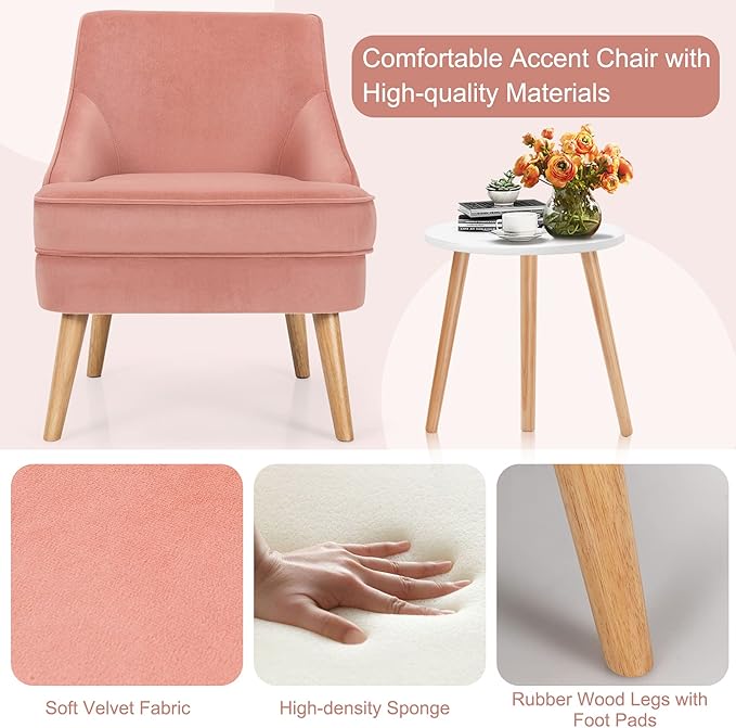 Giantex Set of 2 Velvet Accent Chairs Mid Century Single Sofa Chair w/Rubber Wood Legs Comfy Slipper Chair Upholstered Armless Leisure Side Chair for Living Room Bedroom Meeting Room Pink