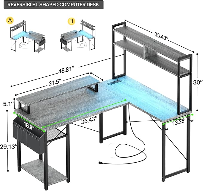 Aheaplus Small L Shaped Gaming Desk with LED Lights &amp Power Outlets Reversible L-Shaped Computer Desk with Monitor Stand &amp Storage Shelf Corner Desks Home Office Desk with Storage Bag White