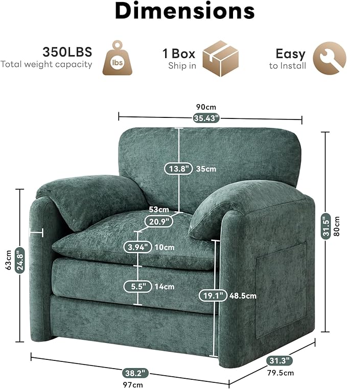 Tbfit Oversized Accent ChairModern Chenille Armchair for Living Room Comfy Upholstered Reading Chairs for Bedroom Apartment Office RV Green