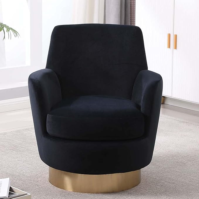 Velvet Swivel Accent Chairs for Living RoomComfy Swivel Barrel Chair with Foam Cushion Round Swivel Chair &amp Boucle Swivel Chair with High Back Round Armrest Gold Base (Black)