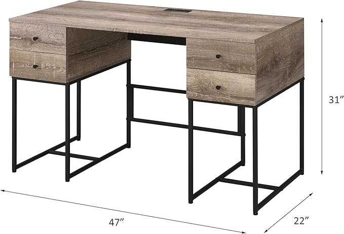 Rustic Oak &amp Black Writing Desk with USB Port - Modern Home Office Design