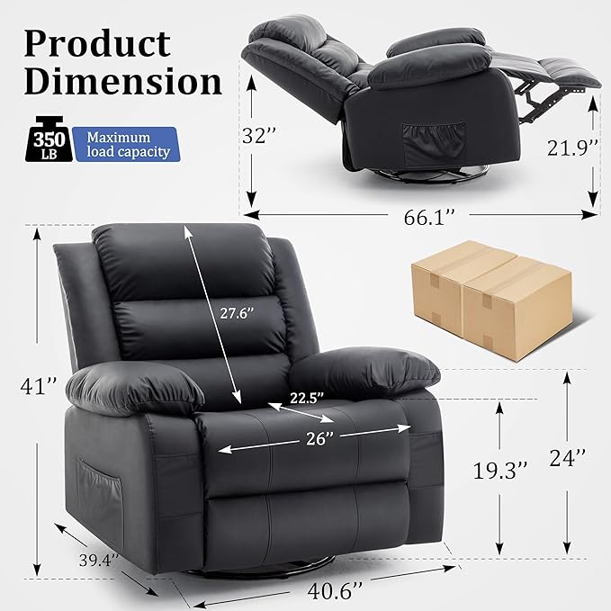 Recliner Chair Wide Rocker Chair Pet-Friendly Design Large Rocking Chair with Massage and Heat360°Swivel Nursery Rocking Chair Oversized Recliner for Adults Black Reclining Sofa for Living Room