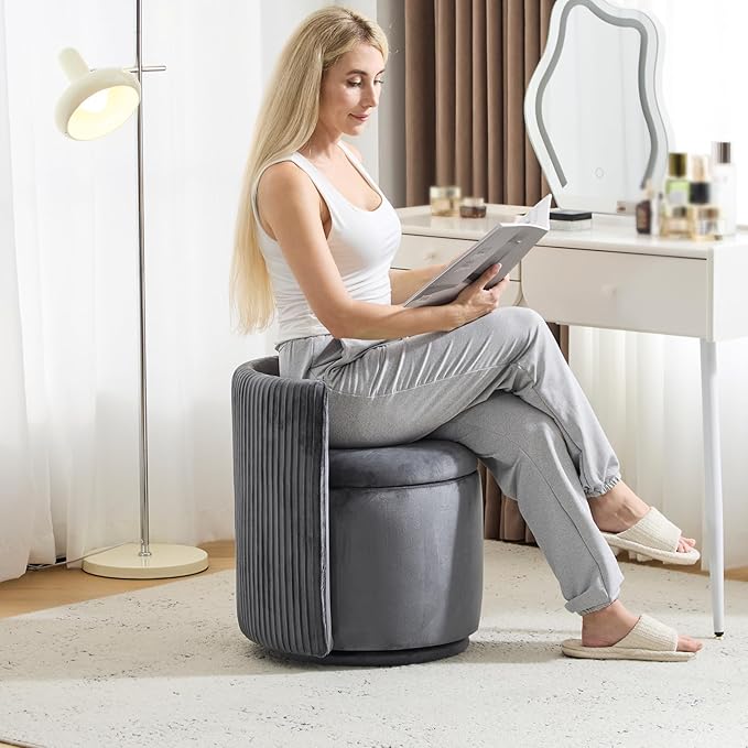 Velvet Vanity Chair with Storage 360° Swivel Round Storage Ottoman with Pillows No Assembly Modern Comfy Makeup Stool for Bedroom Dressing Living Room (Grey)