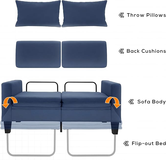 6 in 1 Multifunctional Sofa Bed 58 Convertible Pull Out Couch Loveseat Sleeper w/Removable Backrest Foldable Mat Storage Pockets &amp 2 Pillows Modern Folding Linen Sofas for Small Spaces Blue
