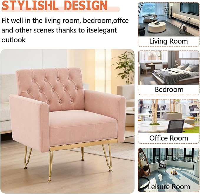Pink Accent Chair for Living RoomBedroom | Mid Century Modern Velvet Armchair with Leg and Tufted BackComfy Small Single Reading Chair (Pink)