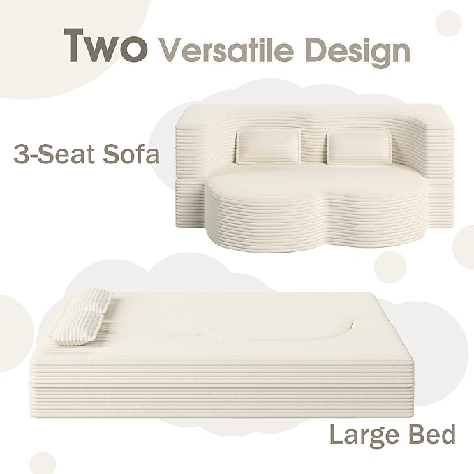 78 Convertible Sofa Bed 2-in-1 Folding Floor Couch with 2 Pillows Sleeper Sofa for Living Room and Bedroom No Assembly Required (Beige Corduroy Fabric)