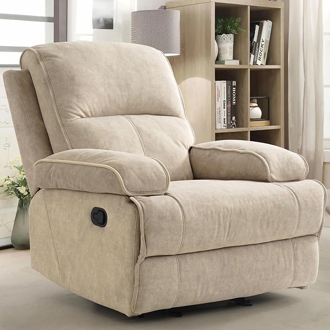 Manual Rocker Recliner Chair for Adults High Back Glider with Deep Seat Upholstered Fabric Armchair for Living Room &amp Nursery Flaxen