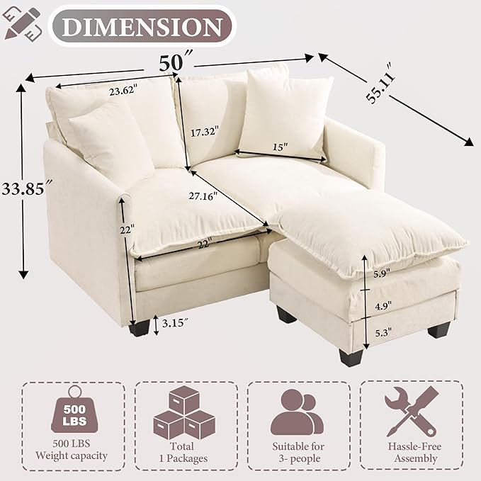 50 Loveseat Sofa with Ottoman| Chenille L Shape Love Seat Couch with 2 Pillows | 27.16 Deep Seat for Small Spaces Bedroom Dorm Apartment | Beige