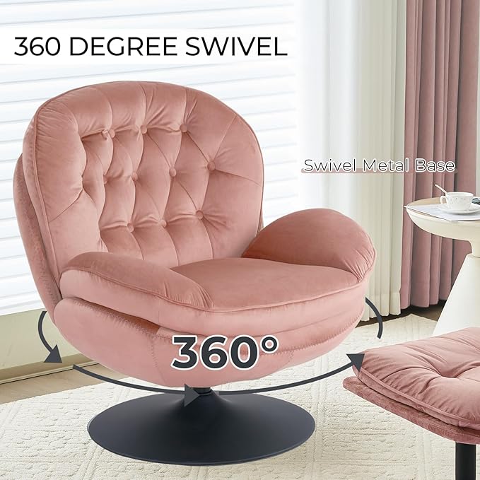 Velvet Swivel Accent Chair with Ottoman Set Modern Tufted Armchair with Footrest for Living Room Reading TV Chair for Adults Comfy Chaise Lounge Chairs with 360 Degree Swiveling for Bedroom Pink