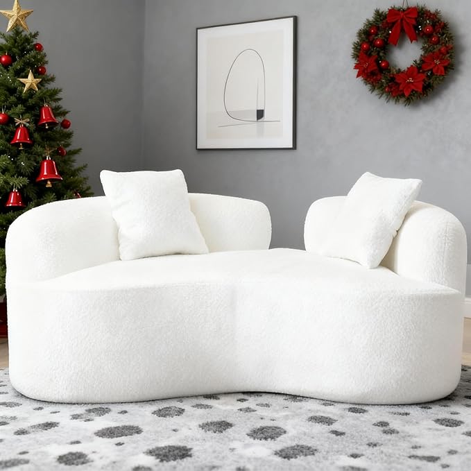 67 White Curved Loveseat with Round Armrest Round Couch in a Box Boneless Curved Sofa for Living Room Bedroom Small Space Teddy No Assembly Broken Design (White)