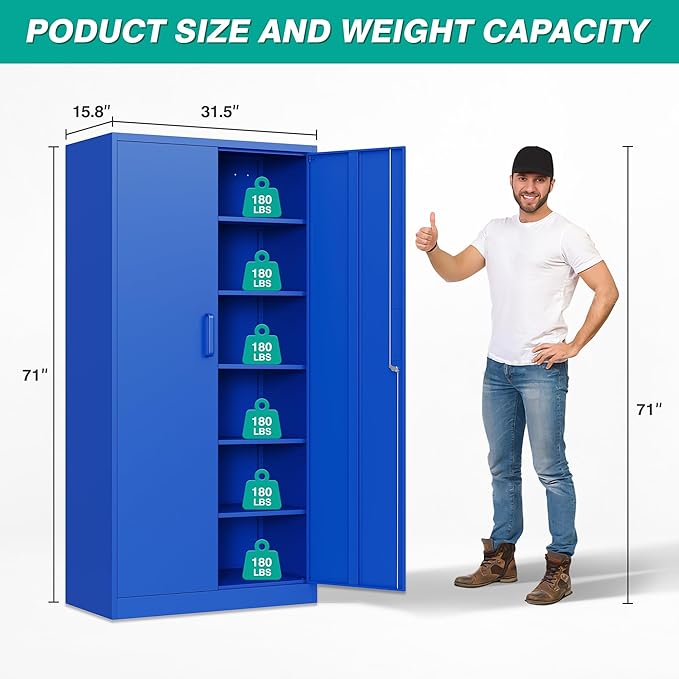 SISESOL Blue Metal Storage Cabinet with 6 Shelves71 Garage Storage Cabinet with Lock6 Tier Steel Cabinets with Locking DoorsLockable Cabinets for HomeOfficeShopGarage