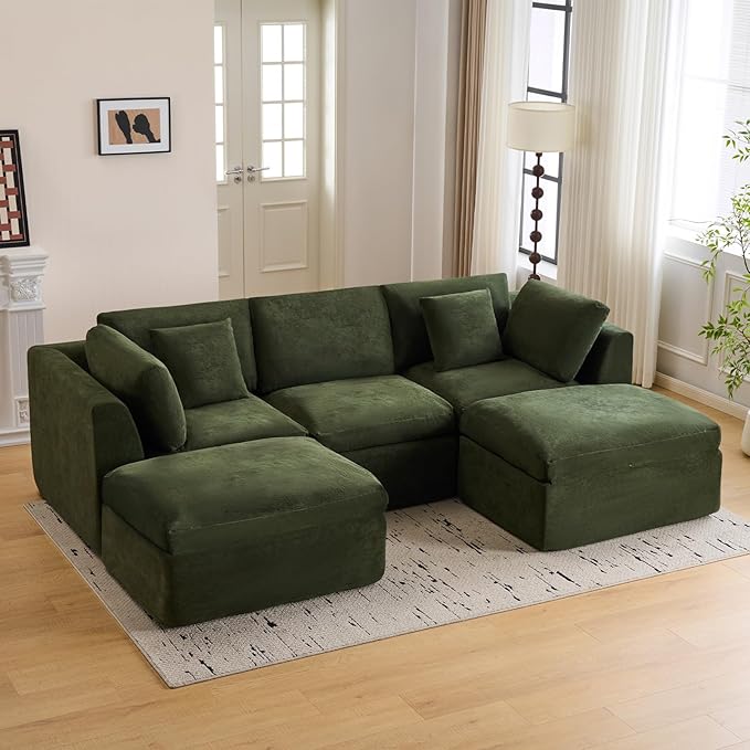 118 Fully Compressed Modular Sectional Sofa Cloud Sectional Couch U Shape with Ottoman No Assembly Boneless Sectional Sofa Deep Seat Convertible Modular Couch for Living Room (Green)