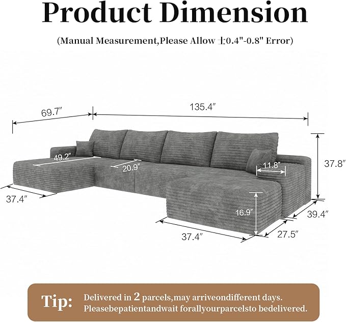 135.4 U Shaped Sofa Large Cloud Modular Sectional Couch with Ottoman for Living Room Minimalist Upholstered CouchesDeep Seat Corner CouchNo Assembly Required (GreyLeft Facing Chaise)