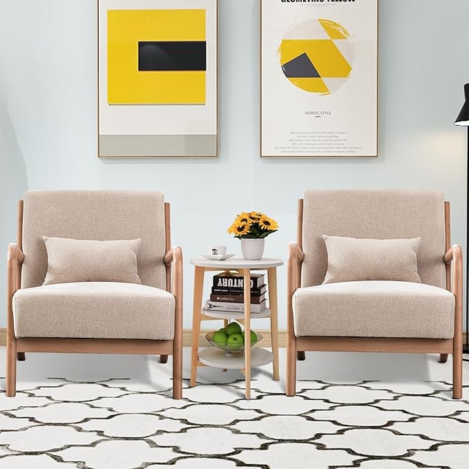 INZOY Mid Century Modern Accent Chair with Wood Frame Upholstered Living Room Chairs with Waist Cushion Reading Armchair for Bedroom Sunroom (Beige)