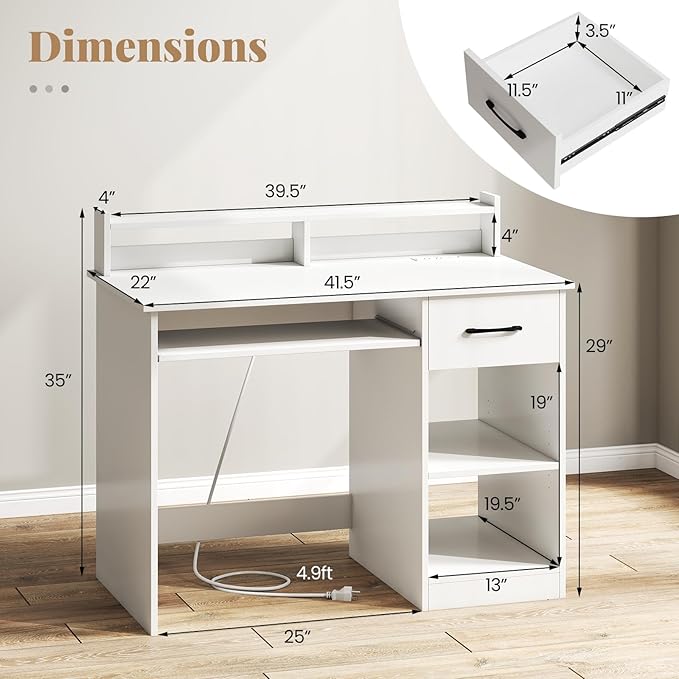 Giantex White Desk with Drawers Modern Home Office Desk with Keyboard Tray Monitor Stand &amp Adjustable Shelf PC Laptop Table Computer Workstation Study Writing Desk for Small Spaces Bedroom