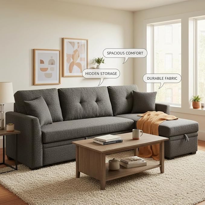 Sectional Sleeper Sofa with Pull Out Bed L Shape Convertible Linen Couch with Storage Chaise 2 in 1 Pull Out Sofa Bed with 2 Seats for Living Room Apartment Charcoal Black