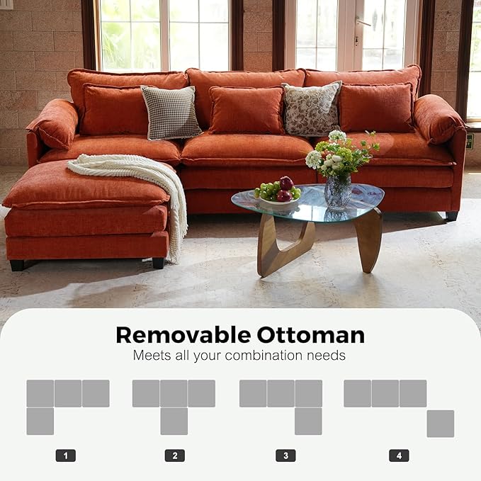 ELUCHANG 150 U Shaped Sectional Couch Comfy Cloud Modular Sectional Sofa with Movable Ottoman 6-Seat Deep Seat Modern Cloud Sofa Couches for Living Room Bedroom and Apartment Chenille Orange
