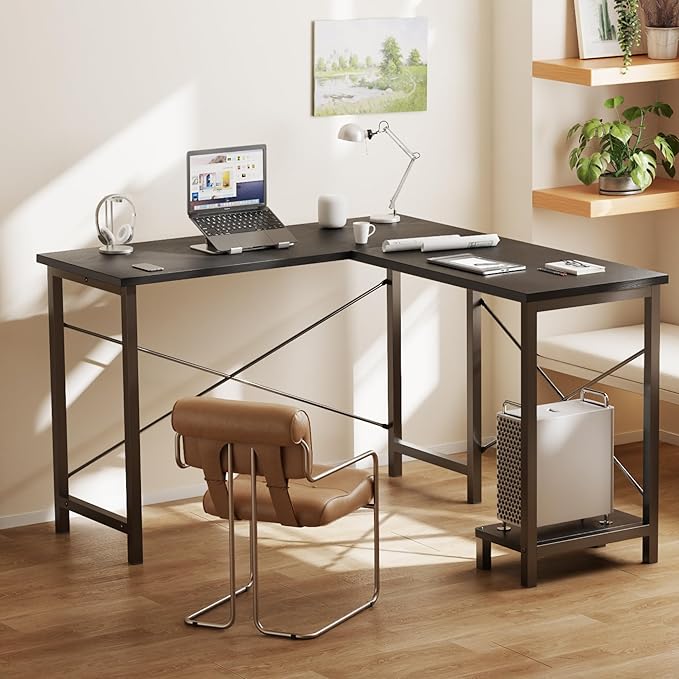 DUMOS L Shaped Desk Computer Gaming Desks Corner Office Table with CPU Shelf for Home Study Writing Work Station 50 Inch Black