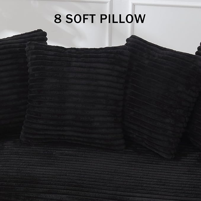 111 Inch Corduroy Sectional Couches for Living Room | L-Shaped Sectional Couch with 8 Pillows | Cloud Couch with Deep Seat | Solid Wood Frame Sofa Black (Right Facing Chaise)