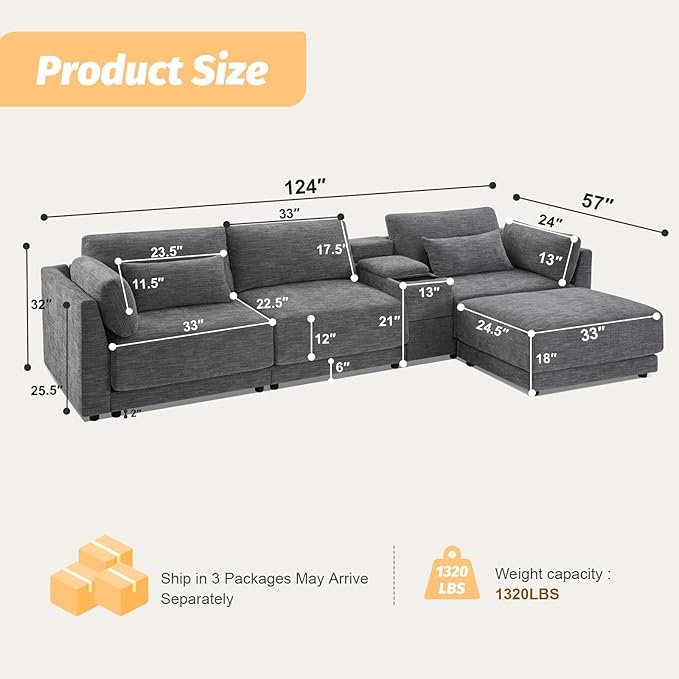 124 Modular L-Shaped Sectional Sofa with Storage Console Movable Ottoman &amp USB/Wireless Charging - 33 Wide Seats 12 Thick Cushions 4-Piece Chenille Couch for Living Room &amp Apartments (Gr