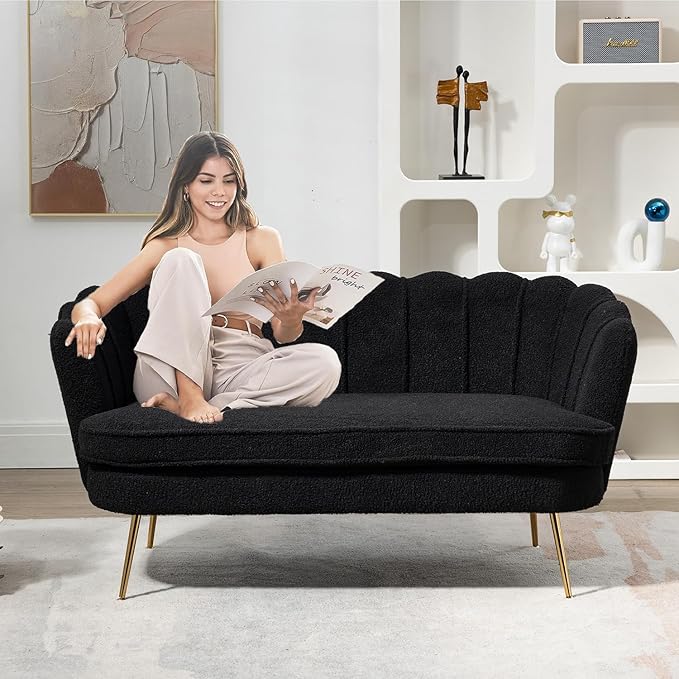 Black Modern Boucle Loveseat CouchFuton Small Sofa with Gold Metal Legs 2-Seater Upholstered Mini Sofa Couches for Small SpaceLiving Room Bedroom Office Dorm Studio Apartment Couche(Black)