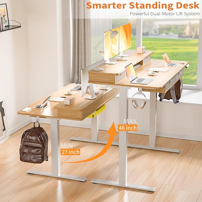 Electric Standing Desk 48 * 30 Inches Adjustable Height with 4 Drawers Double Storage Shelves Home Office Workstation Sit Stand up Desk (Nature)
