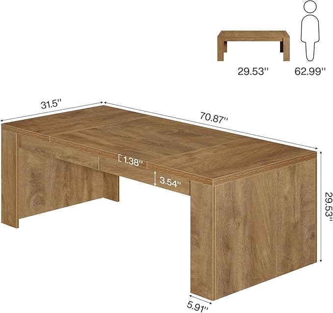 Tribesigns Executive Office Desk 70.9-Inch Large Farmhouse Wooden Computer Desk with Sturdy Double Pedestal Legs Writing Workstation Business Furniture for Home Office (Brown)