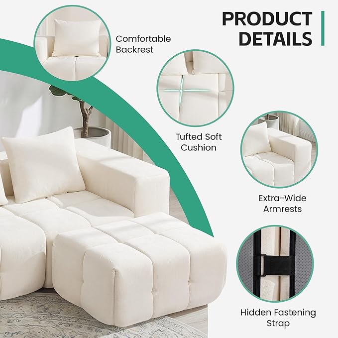 78.7 Boneless Modular Sectional Loveseat Tufted Cloud Couch with Deep Seat Chenille Sofa for Living Room Compressed Sofa No Assembly Required White