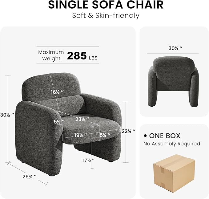 Furniliving 30.5 Accent Chairs Chenille Fabric Living Room Chair Comfy Upholstered Armchair Single Sofa Chair with a Waist Pillow for Bedroom/Office/Reading Spaces Dark Grey