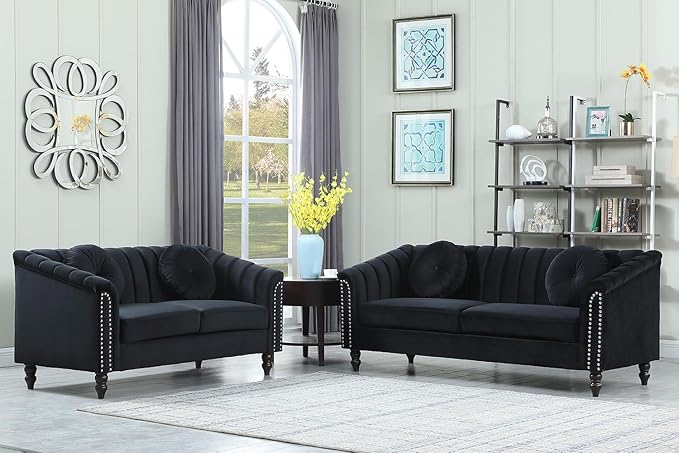 Chesterfield Sofa Set Luxurious Velvet Chesterfield Settee Couch SetSofa and Loveseat SetUpholstered Rolled Arm with Rivets/4 Button Tufted Pillow Modern Sofa Living Room SetBlack