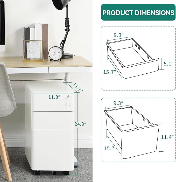 YITAHOME 3-Drawer Mobile File Cabinet Lockable Filing Cabinet for Home Office Pre-Assembled Office Storage Cabinet for A4/Letter/Legal White