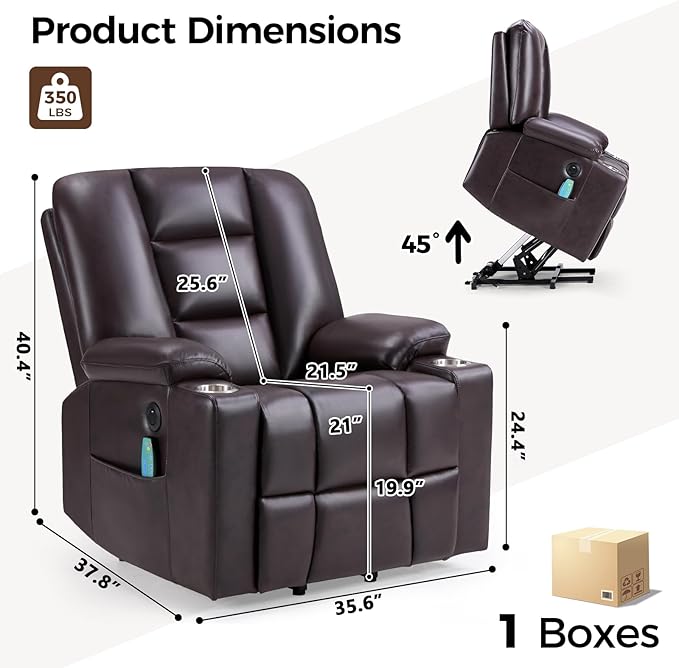 Power Lift Recliners with Massage and Heat for Elderly Electric Lifting Recliner Chair with Cup Holders &amp USB Port Faux Leather Reclining Sofa with Side Pocket for Living Room Brown