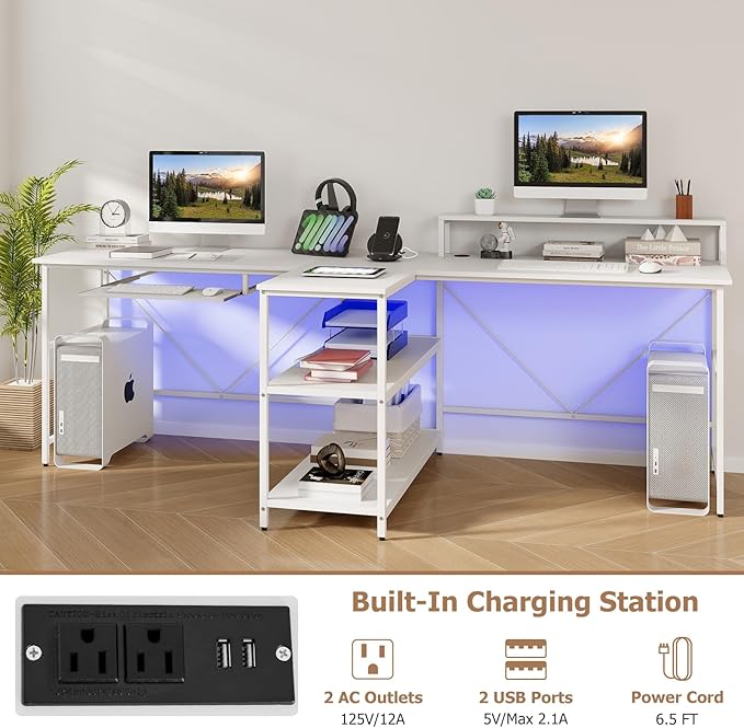 Giantex 94.5” 2 Person Desk with LED Lights Long PC Study Desk with Storage Shelves Power Outlets Keyboard Tray &amp Monitor Stand Double Computer Desk Workstation for Home Office (White)