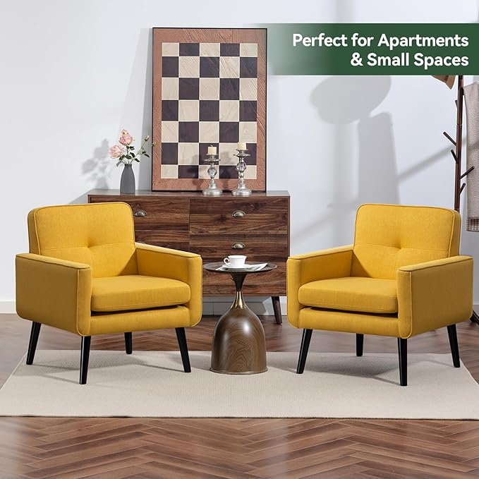 Accent Chair Set of 2 Fabric Modern Chair with Wooden Frame Cozy Armchair Reading Chair with Comfy Back for Apartment Living Room Bedroom Waiting Room Small Space Corner Yellow