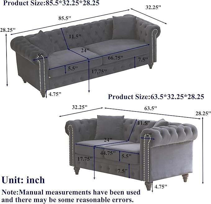 2 Piece Mid Century Modern Couch Set Retro Button Tufted Chesterfield Sofa muebles para la sala Comfy Deep Seat Upholstered Office Furniture Living Room Sofas Set (Grey Velvet Couch and Loveseat)