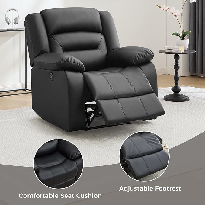 EBELLO Classic Power Recliner Chair Faux Leather Oversized Electric Overstuffed Chair with Soft Cushion and Back Sofa with Comfortable Armchair for Living Room Black