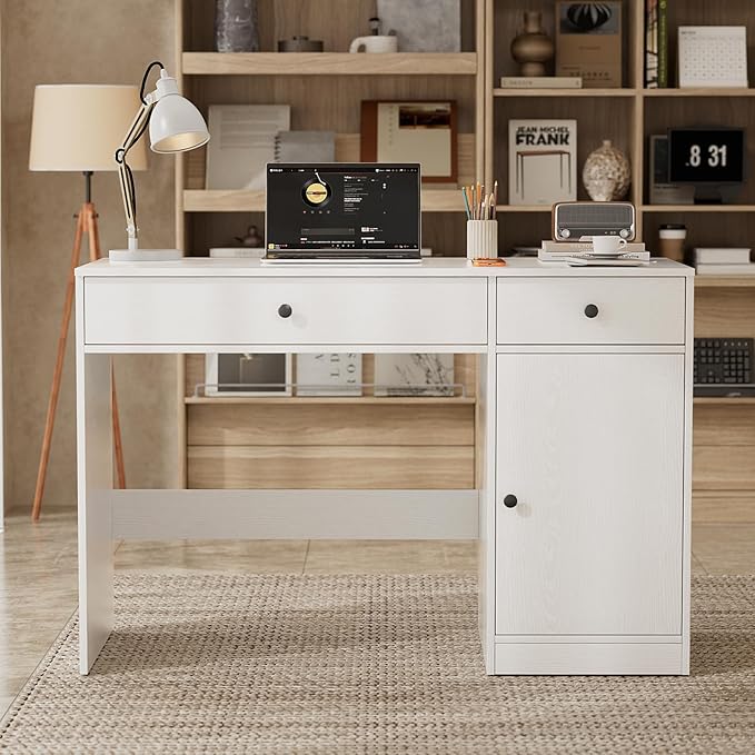 TUSY 47 White Office Desk with Drawers - Modern Office Desk with Storage Executive Desk for Office Modern Computer Desk for Small Spaces Wood Writer Desk for Study Bedroom Home Office