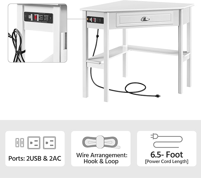 Yaheetech L Shaped Corner Computer Desk with Power Outlets Reversible Triangle Workstation with USB Ports and Hook for Small Space Modern Home Office Desk Gaming Table with Drawer &amp Shelf White