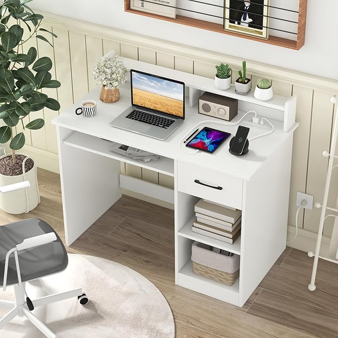 GOFLAME White Computer Desk with Charging Station Type C Port Modern Writing Desk with Drawer Removable &amp Adjustable Shelf Keyboard Tray Home Office Laptop Desk with Hutch for Bedroom Study