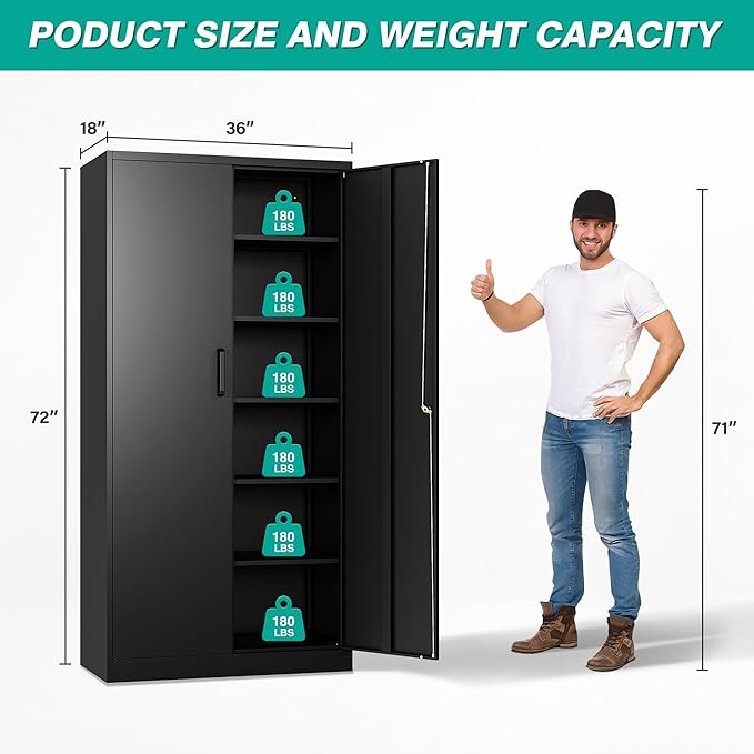 SISESOL Wide &amp Deep Metal Storage Cabinet with 2 Doors and 6 Shelves72x36x18 Garage Storage CabinetTall Black Locking Metal Cabinets with LockSteel Locked Cabinets for HomeOfficeGarageSchool