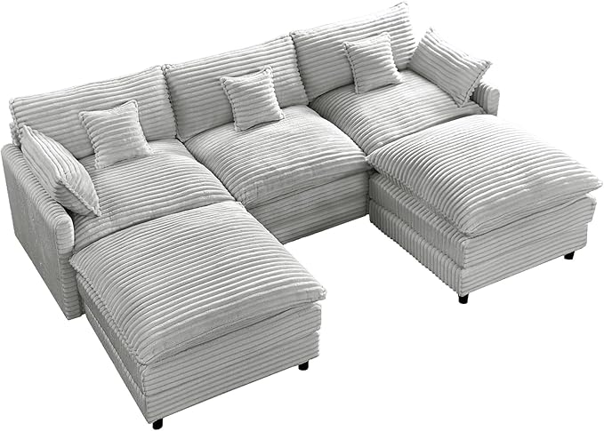108 Cloud Couch U-Shaped Modular Corduroy Couch with 2 Ottomans &amp 5 Lumbar Pillows Modern Sectional Sofa with 5-Seater Deep SeatComfy Oversized Couch for Living RoomApartmentBedroomGrey