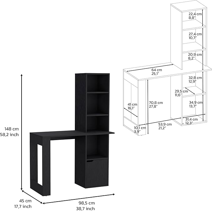 Black Office Desk with Four-Tier Bookcase &amp Cabinet - Modern Home Office Storage