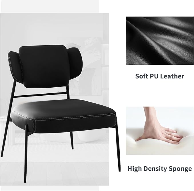 Oversize Accent Chair with Big-Ear Backrest - Modern Black Leather Armless Chair with Thick Cushion &amp Metal Frame for Lounge Living Room Waiting Room Bedroom Office