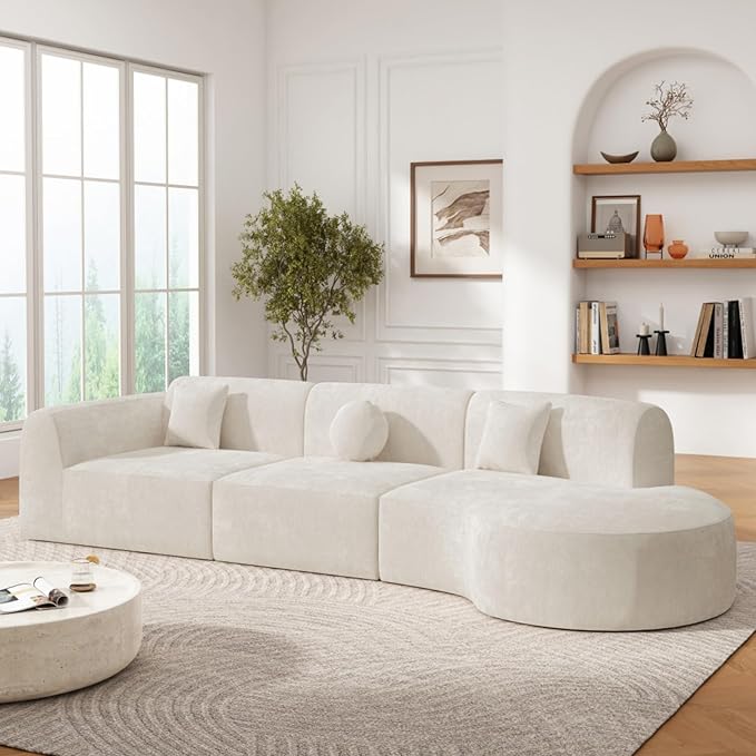 140 Modern Curved Sectional Sofa with High-Density Fully Compressed Sponge and Chaise Lounge 3-Piece Set Fully Assembled Right Hand Facing Perfect for Living Room Lounge (Beige)
