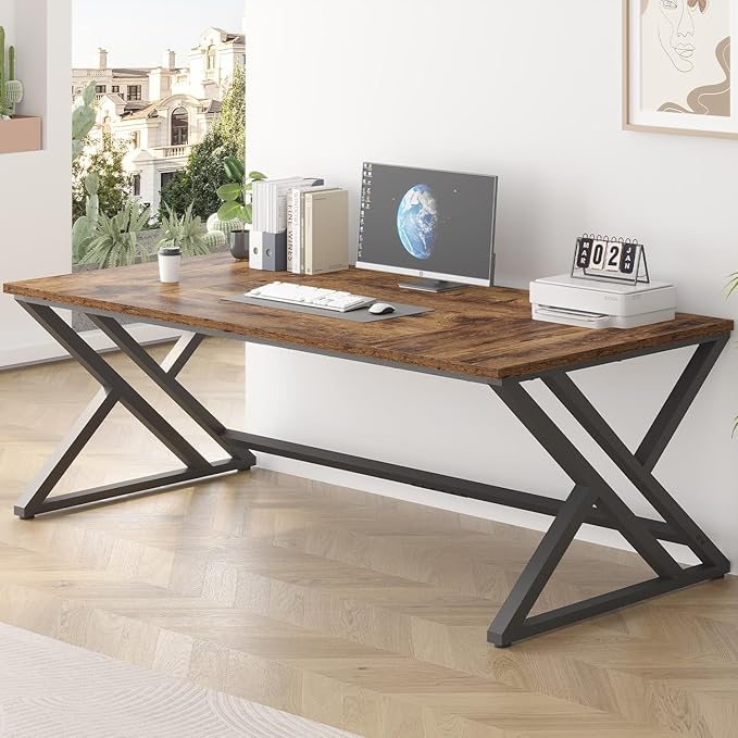 LVB 78.7 Computer Desk Industrial Extra Long Wood Home Office Desk Large Rustic Modern Metal Workstation Pc Study Writing table Dual monitor Double Work Executive Desk for Two Person Rustic Brown