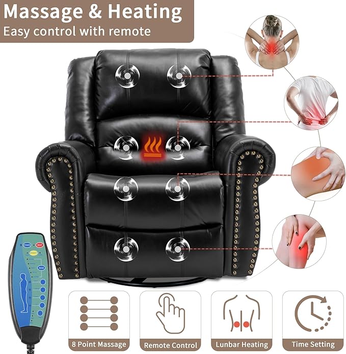 Manual Massage Swivel Rocker Recliner with Heat and Vibration 360° Swivel Glider Rocking Recliner Chair Classic Living Room Lounge Recliners with Side Pockets &amp USB Ports Black
